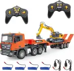fisca RC Semi LKW und Bagger Spielzeug, 2.4Ghz Ferngesteuerter Pritschenwagen und Bagger Spielzeug, 1:24 RC Sattelzugmaschine mit Sound und Lichtern Geeignet für Baufahrzeuge für Jungen(Orange)