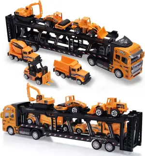 VBACALA 7PCS Bagger Autotransporter, Mini Baustellenfahrzeuge Kinder LKWSpielzeu