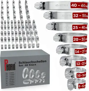 Phorin® 60x Schlauchschellen Set - 8 Größen von 8-60 mm - Extra starke Rohrschellen & Schlauchkle...